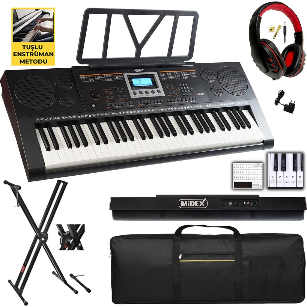 Midex PS-3500KS Tuş Hassasiyetli 61 Tuşlu Org (Stand Çanta Kulaklık Notalık Adaptör Metod) - Siyah - Paket-3 Orglar Fiyatı
