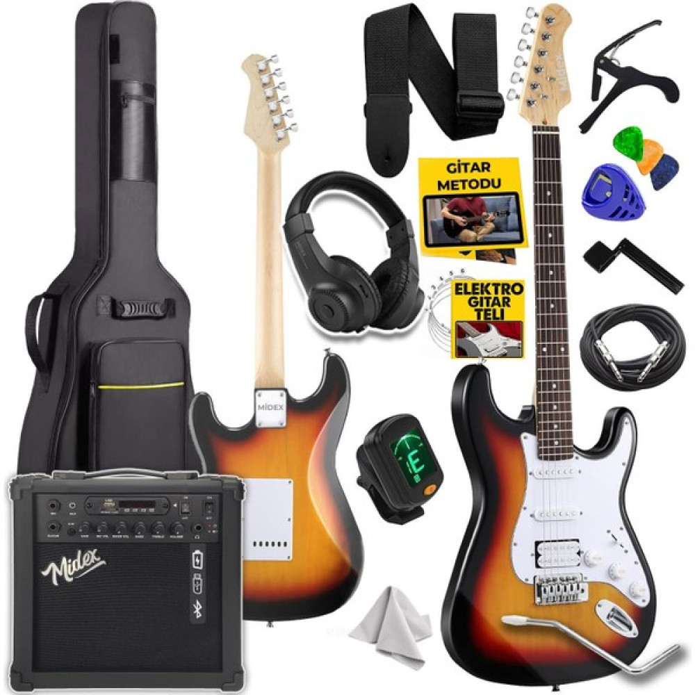 Midex RPH-30SB-25AMP Sunburs 25 Watt Şarjlı Bluetoothlu Amfili Elektro Gitar Seti Full - Gün Batımı Elektro Gitarlar Fiyatı