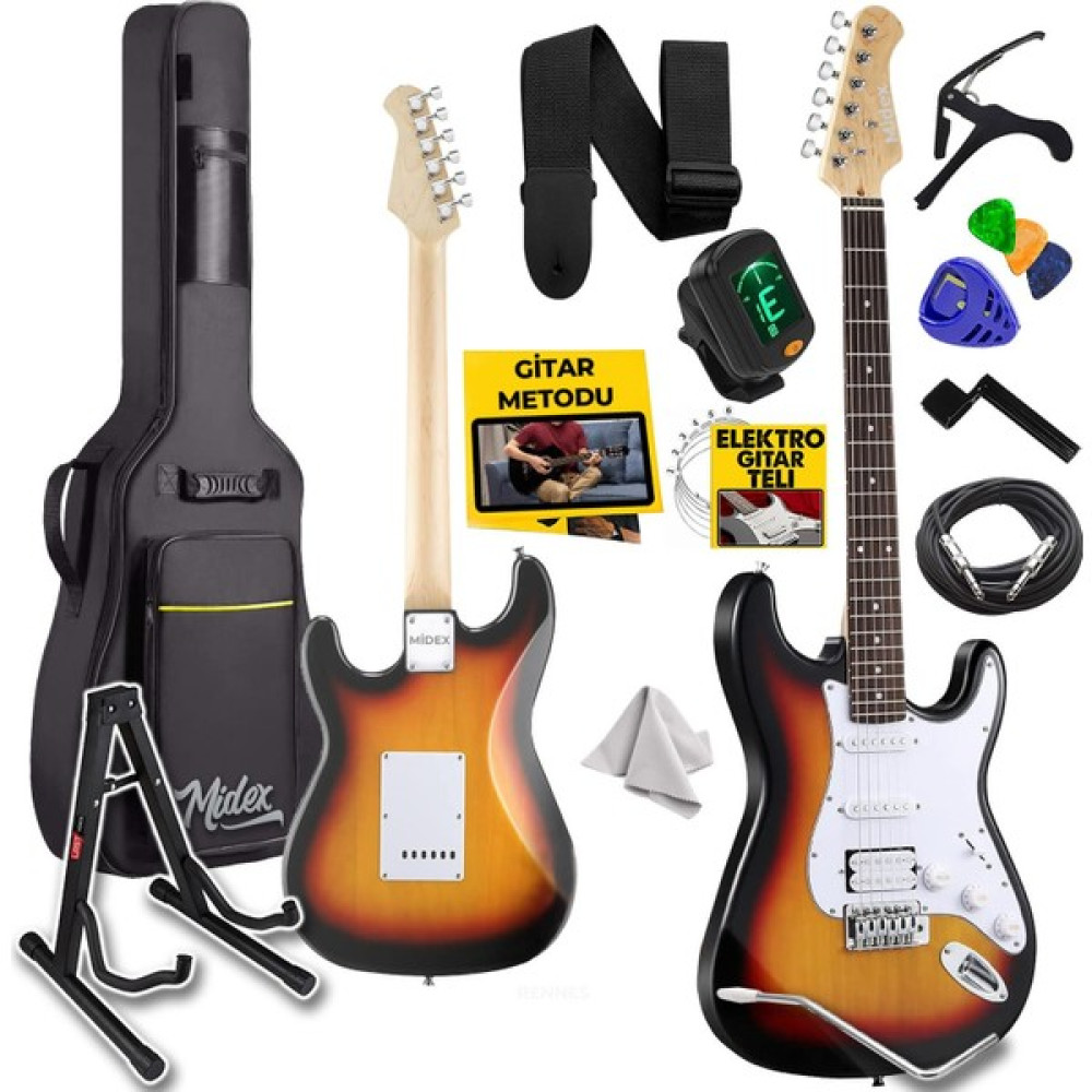 Midex RPH-30SB-ST Sunburs 4/4 Elektro Gitar Seti (Çanta Askı Capo Tuner Pena Kablo) - Kahverengi Elektro Gitarlar Fiyatı