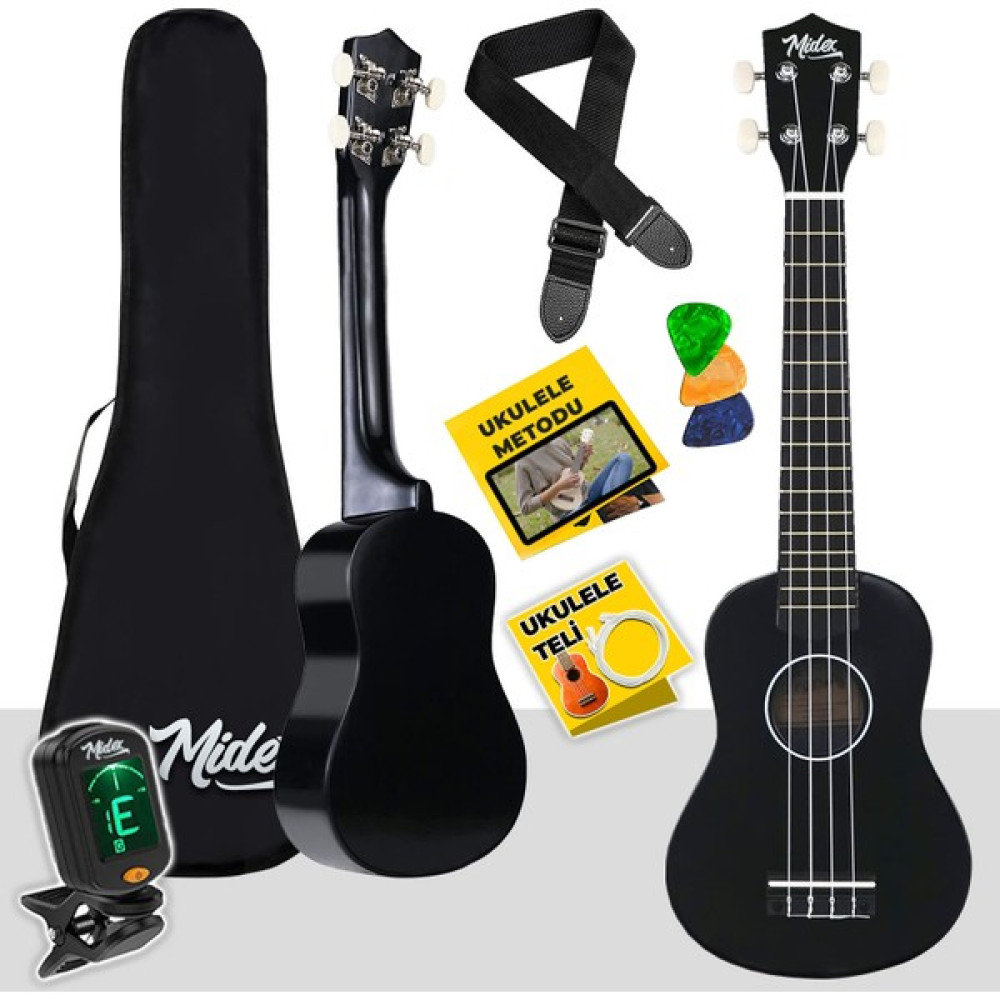 Midex UKX-233BKT Siyah Concert Ukulele (Tuner Tel Askı Çanta Metod Pena) Telli Çalgılar Fiyatı