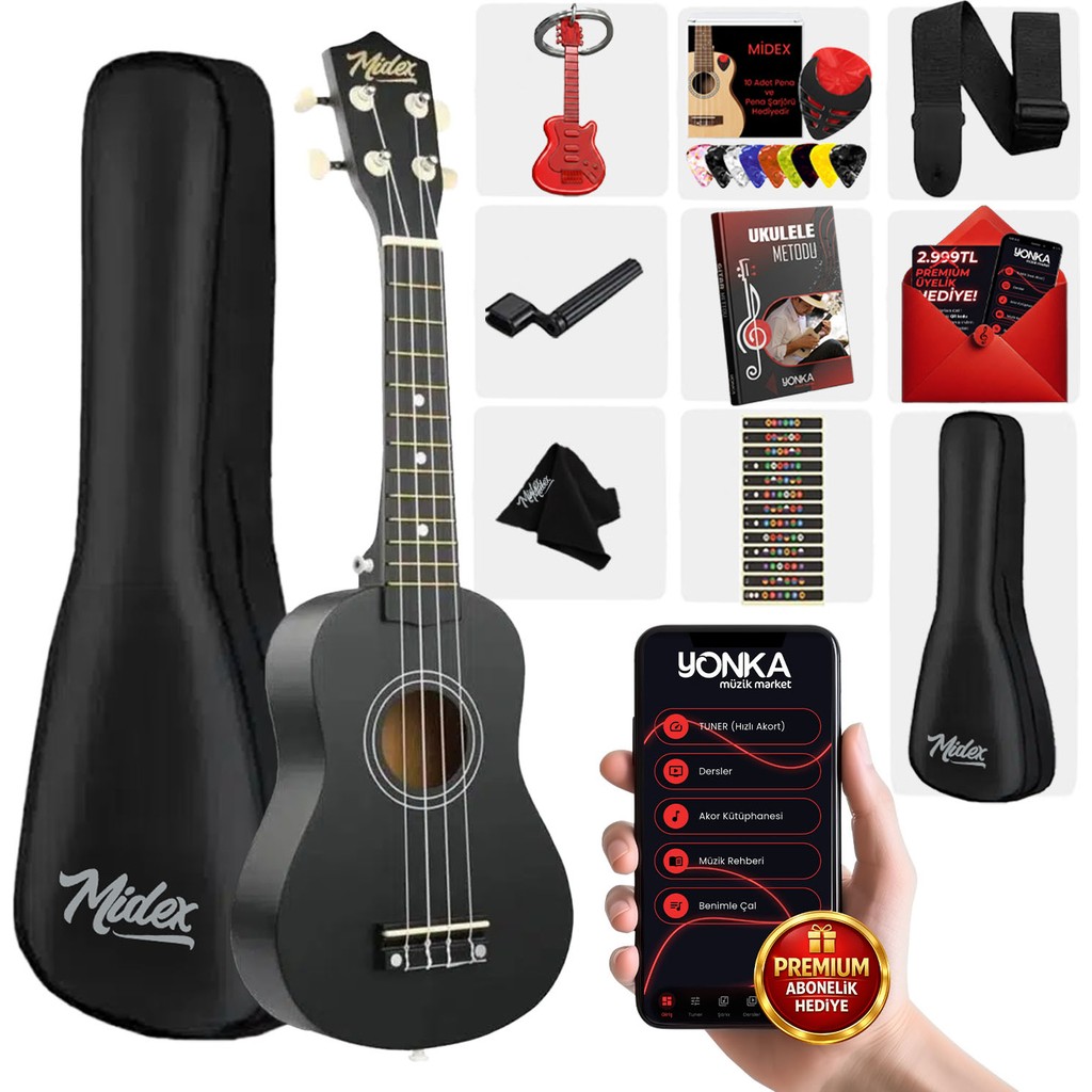 Midex Ukx-901bk Siyah Soprano Ukulele (Askı Çanta Metod Pena) Diğer Fiyatı