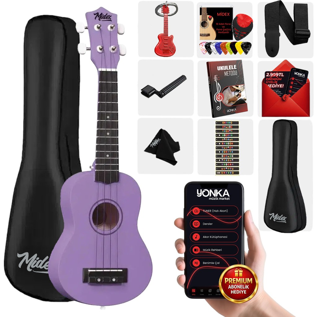 Midex UKX-901PRP Mor Soprano Ukulele (Askı Çanta Metod Pena) Diğer Fiyatı