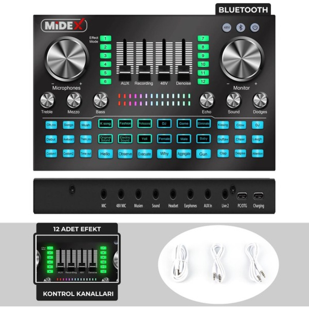 Midex VS20 Üst Seviye Stüdyo Kayıt Canlı Yayın Şarjlı Ses Kartı Efektli Radyo Mikseri (Telefon ve Pc Podcast) Stüdyo ve Sahne Ekipmanları Fiyatı