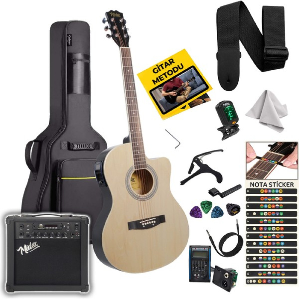 Midex XC-300XNT- Profesyonel AMFİLİ Elektro Akustik Gitar (Amfi Gigbag Çanta Tuner Capo Askı Jak Kablo Pena) - Naturel Akustik Gitarlar Fiyatı