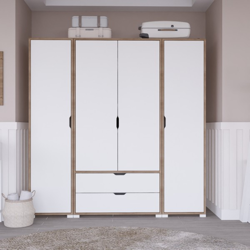 Midoser Mat Beyaz - Keçe (Açık Ceviz) 4 Kapılı 2 Çekmeceli Elbise Dolabı - Gardırop - Beyaz - Ceviz Gardrop & Dolap Fiyatı