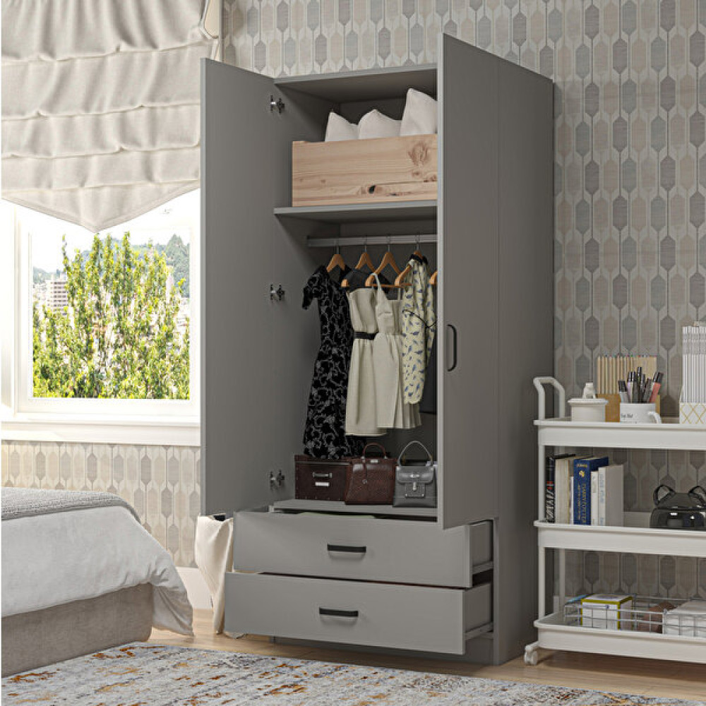 Midoser Yaman 80 cm Luna 2 Kapaklı 2 Çekmeceli Elbise Dolabı - Gardırop - Gri Gardrop & Dolap Fiyatı