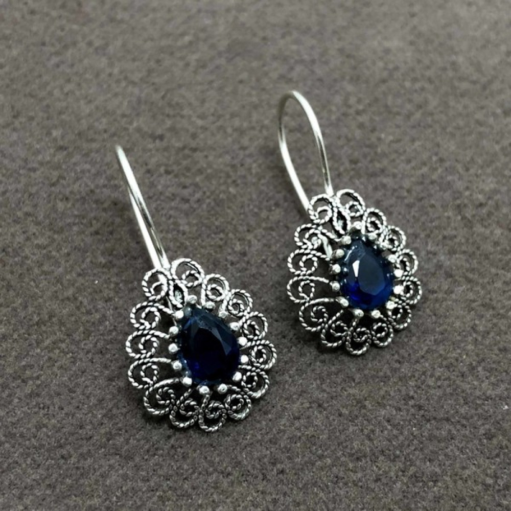Midyat Nurtaş Gümüş Safir Taşlı Damla Model Oksitli Telkari Gümüş Kadın Küpe Gümüş Küpe Fiyatı