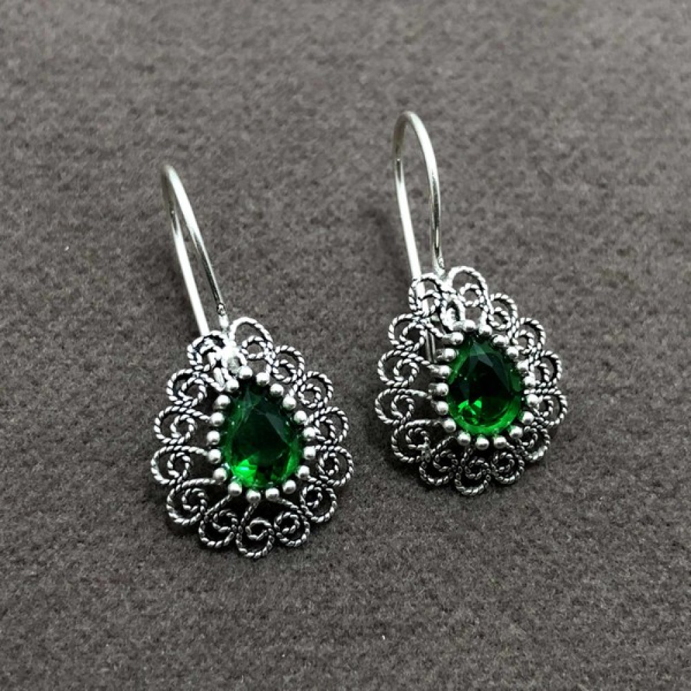 Midyat Nurtaş Gümüş Zümrüt Taşlı Damla Model Oksitli Telkari Gümüş Kadın Küpe Gümüş Küpe Fiyatı