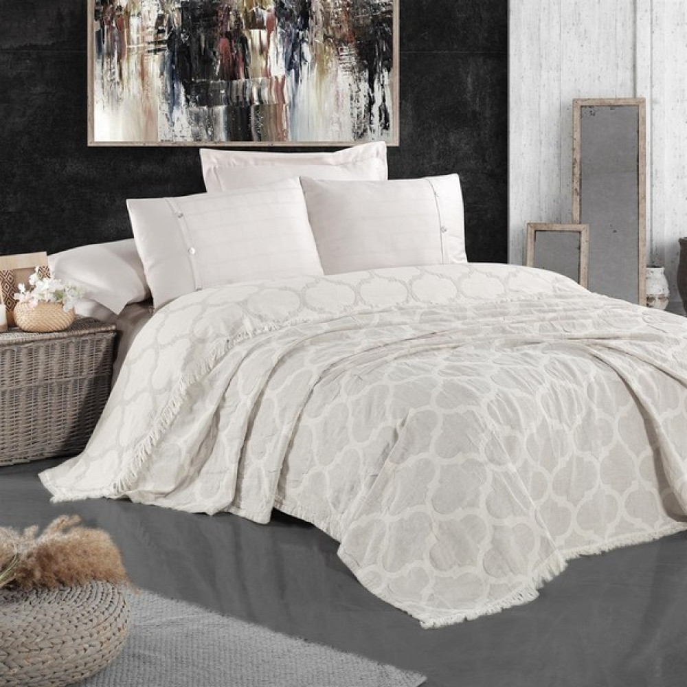 Miespiga Damask Design Çift Taraflı Jakarlı Keten Pamuk Dokuma Battal Boy(King Size) 240X260CM Antialejik Nefes Alabilen Dört Mevsim Pike Yatak Örtüsü Pike & Pike Takımı Fiyatı