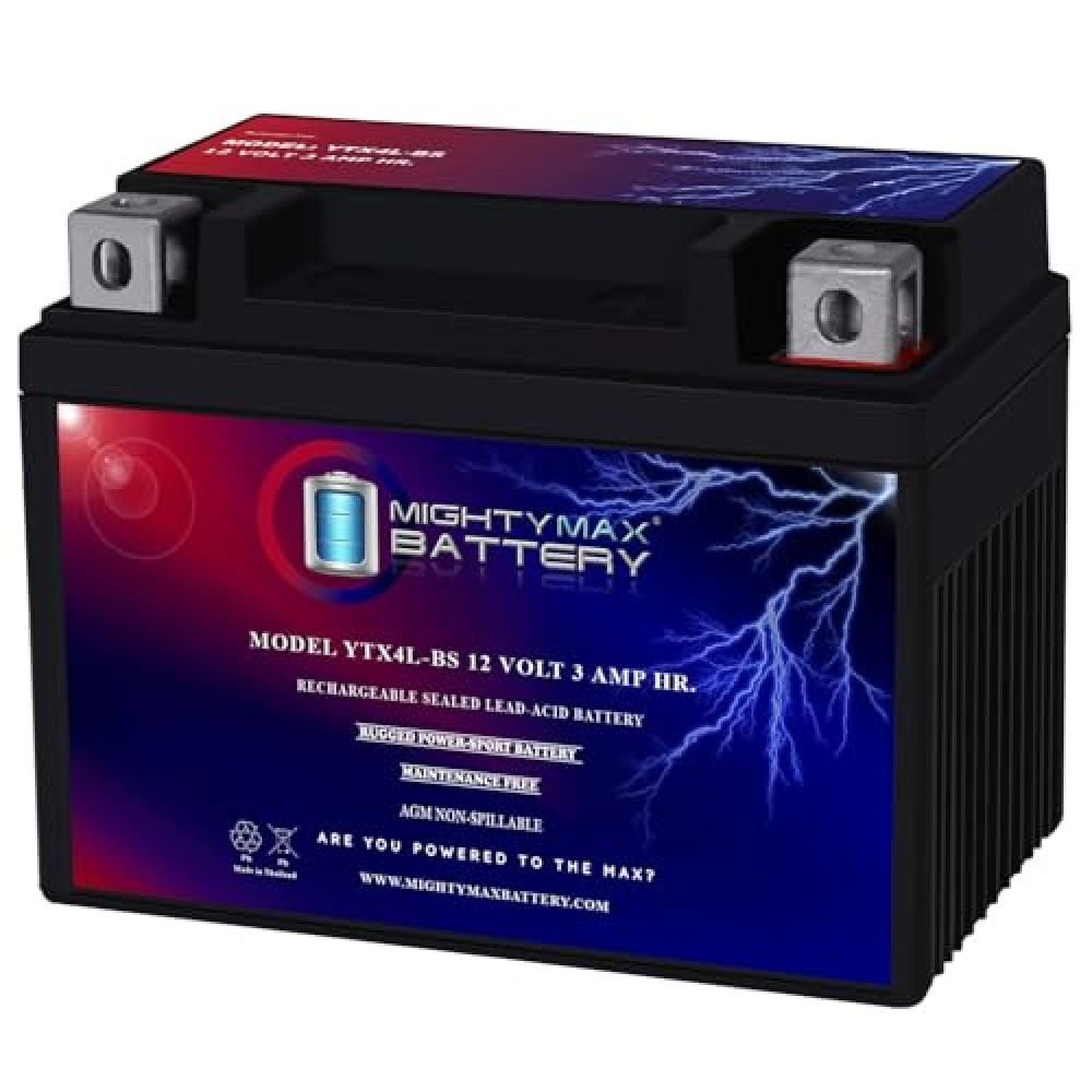 Mighty Max Battery YTX4L-BS - 12 Volt 3 AH, 50 CCA, Rechargeable Maintenance Free SLA AGM Motorcycle Battery