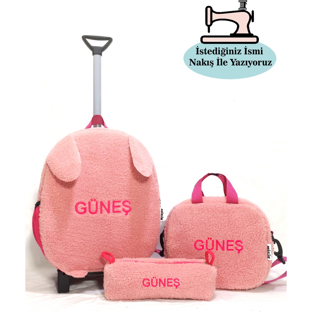 Migie Kişiye Özel Isimli 2-7yaş Çekçekli Çanta + Beslenme Çantası + Kalemlik Kreş/anaokulu Seti Pembe Peluş Tavşan Anne Bebek Oyuncak Fiyatı