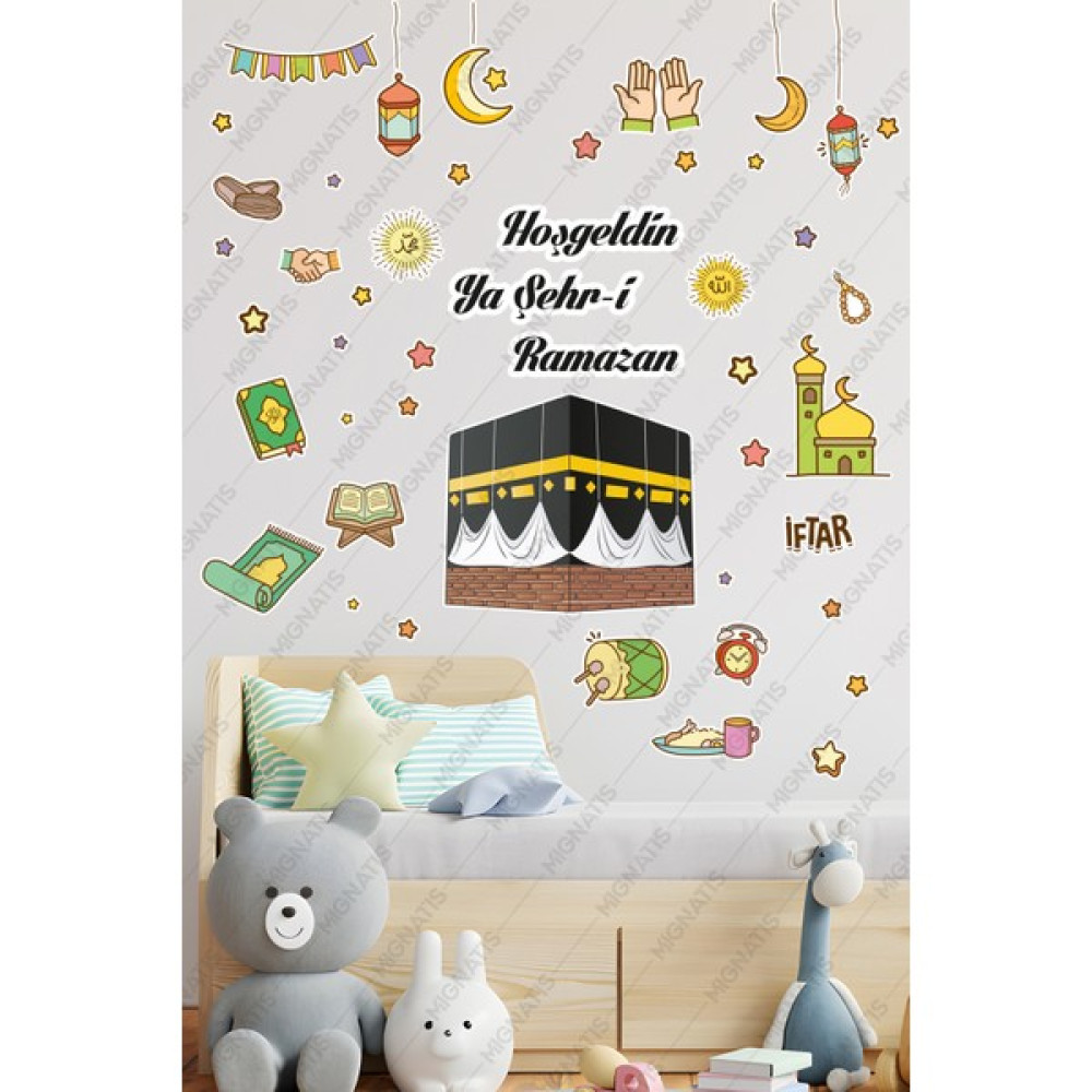 Mıgnatıs Kabe ve Renkli Ramazan Figürleri Cam Duvar Kapı Hoşgeldin Ramazan Sticker Seti Çocuk Bebek Odası Sticker Fiyatı