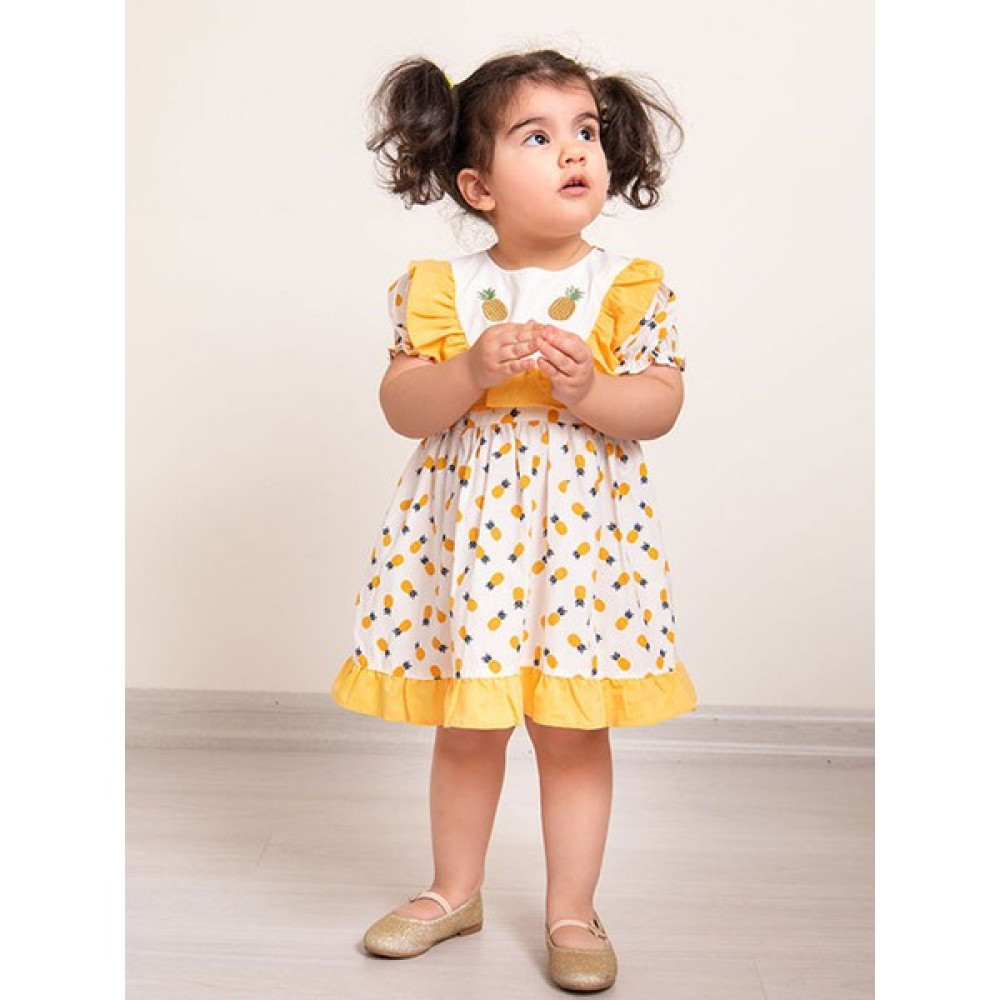 Mika Bebek Ananas Nakışlı Sarı Beyaz Kız Çocuk Yarım Kol Yazlık Elbise Bebek Elbisesi Fiyatı