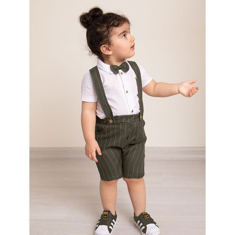Mika Bebek Haki Çizgili Kumaş Erkek Bebek Papyonlu Yazlık Salopet Bayramlık Kız Çocuk Tulum ve Salopet Fiyatı