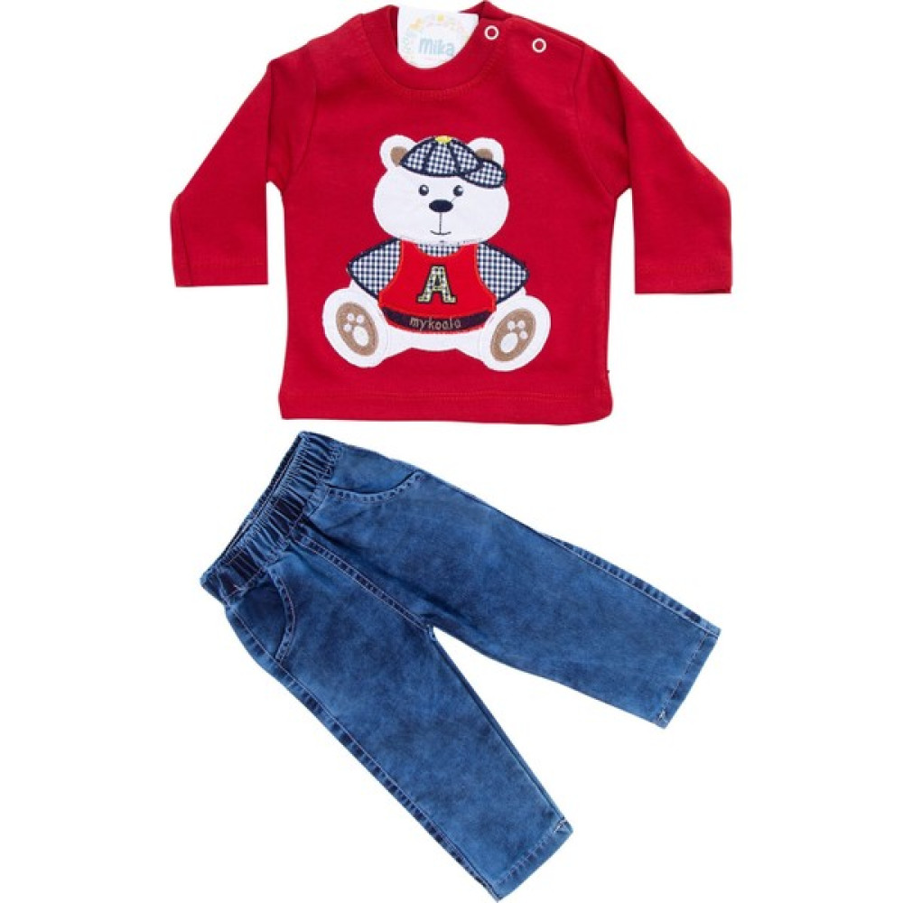 Mika Kids Ayıcık Desenli Kot Pantolon Erkek Bebek Kırmızı Mevsimlik Takım Bebek Giysi Takım Fiyatı