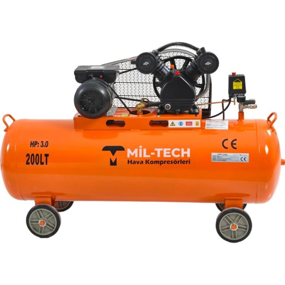 Mil-Tech 200 Lt 3 Hp 8 Bar Çift Kafa Hava Kompresörü V-0.25/8-200L Hava Kompresörü Fiyatı