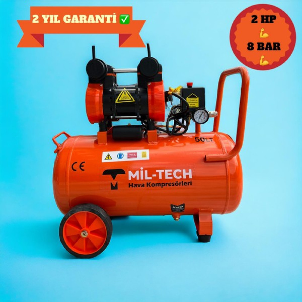 Mil-Tech 50 Lt Sessiz Yağsız Hava Kompresörü Hava Kompresörü Fiyatı
