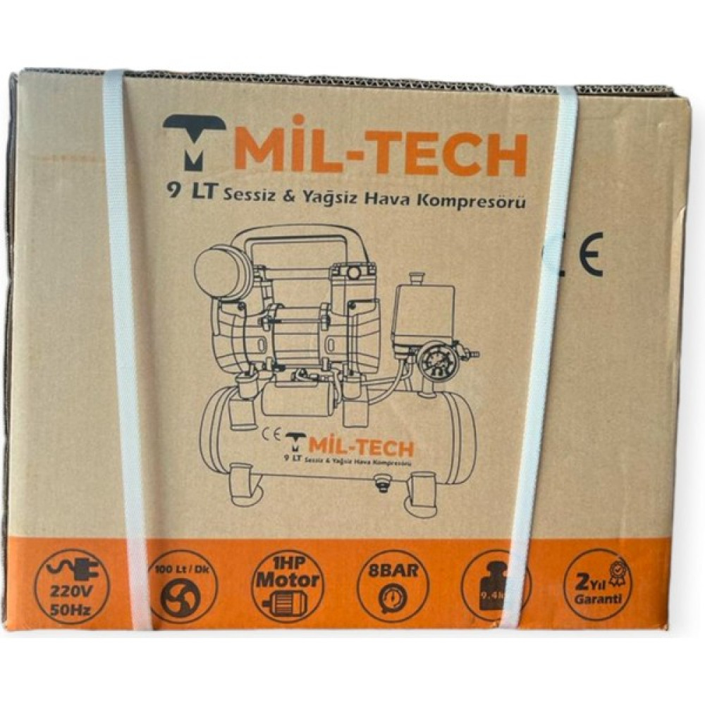 Mil-Tech 9 Litre Sessiz ve Yağsız Premium Hava Kompresörü Hava Kompresörü Fiyatı