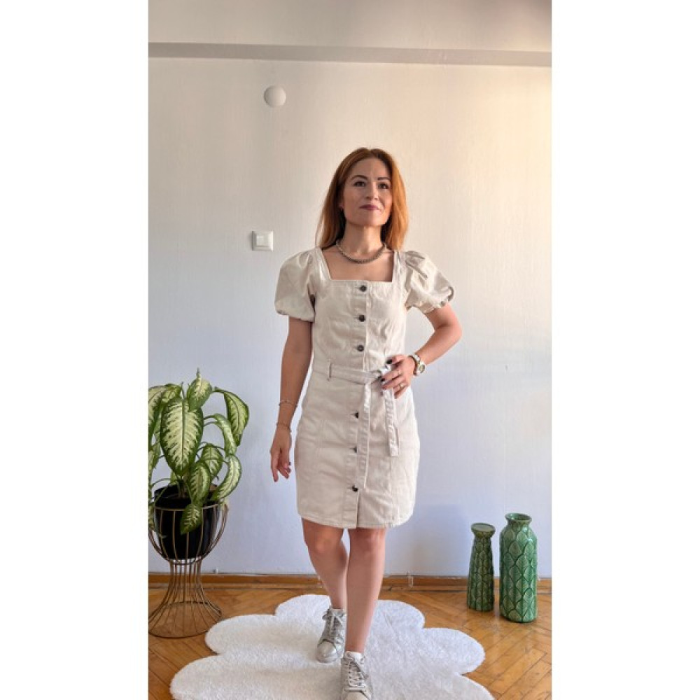 Mila's Butik Taş Düğmeli Balon Kollu Kot Elbise Elbise Fiyatı