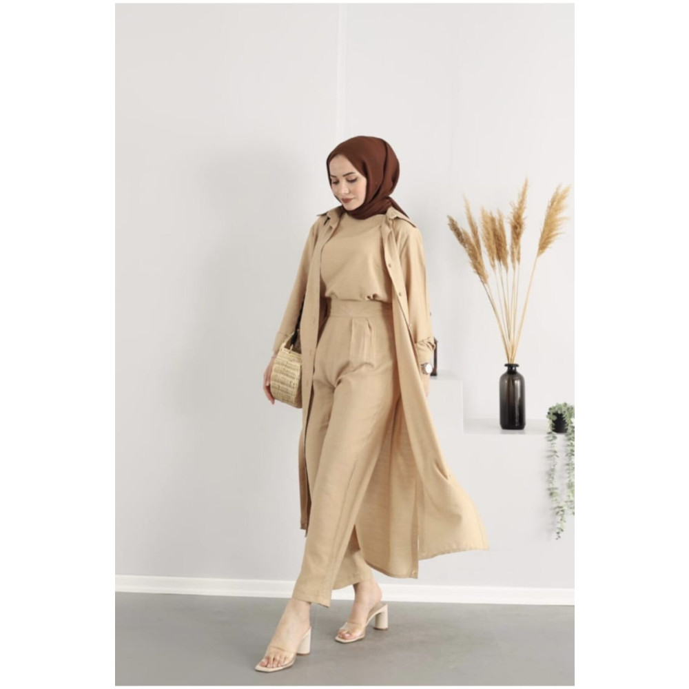Milenastyle 3lü Keten Takım Camel M Beden Tesettür Giyim Fiyatı