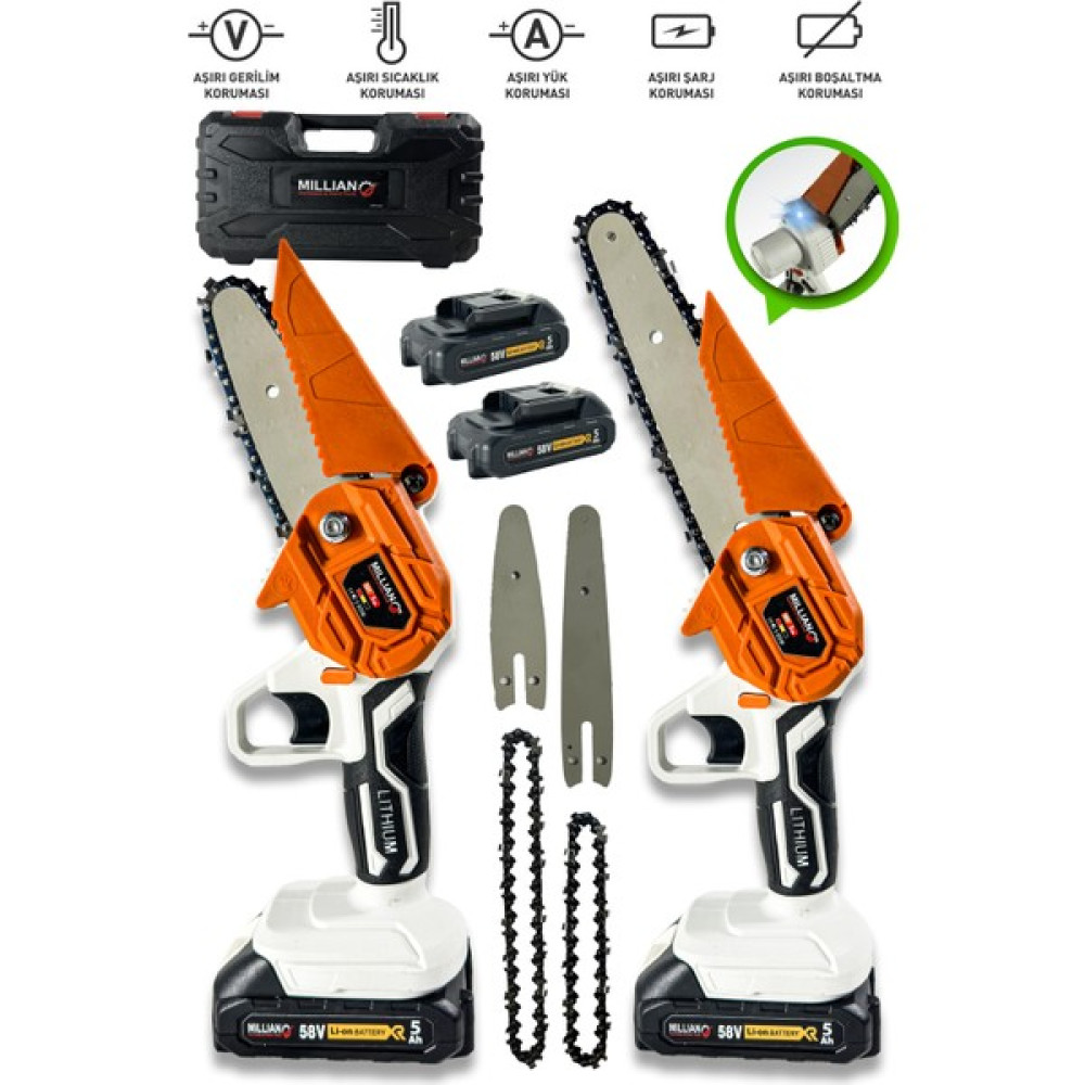 Millian 58 V 5 Ah 10-15 cm Uzun Kısa Pala ve Zincir 2x Akü Çantalı Şarjlı Dal Kesme Budama Testere Makine Dal Budama Makineleri Fiyatı