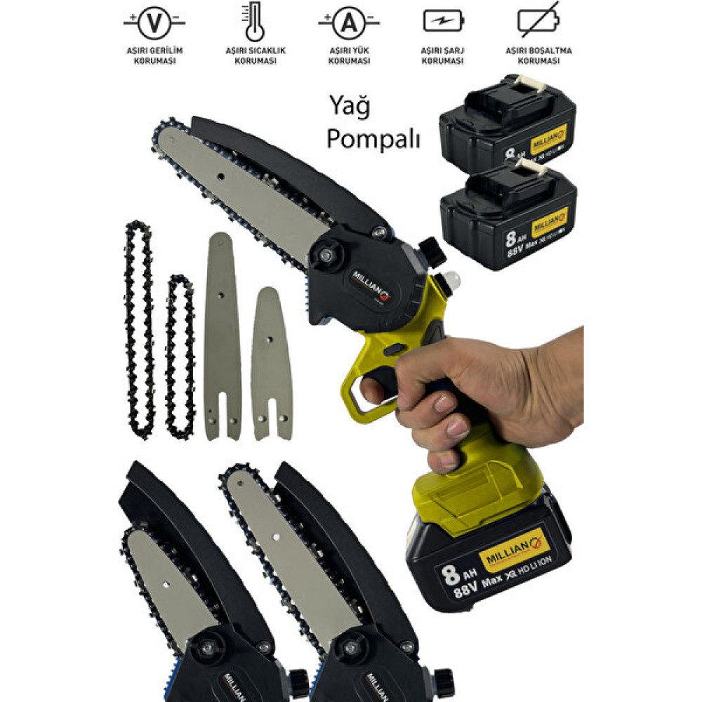 Millian 88 V 8 Ah Yağ Pompali Çift Akülü 10 - 15 cm Pala Şarjlı Dal Kesme Budama Testere Bıçkı Makinesi Dal Budama Makineleri Fiyatı
