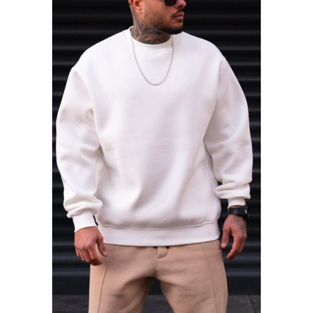 Millionaire Erkek Düz Kırık Beyaz Krem Ekru Basic Baskısız Sıfır Bisiklet Yaka Oversize Salaş Sweatshirt Sweat Erkek Sweatshirt Fiyatı