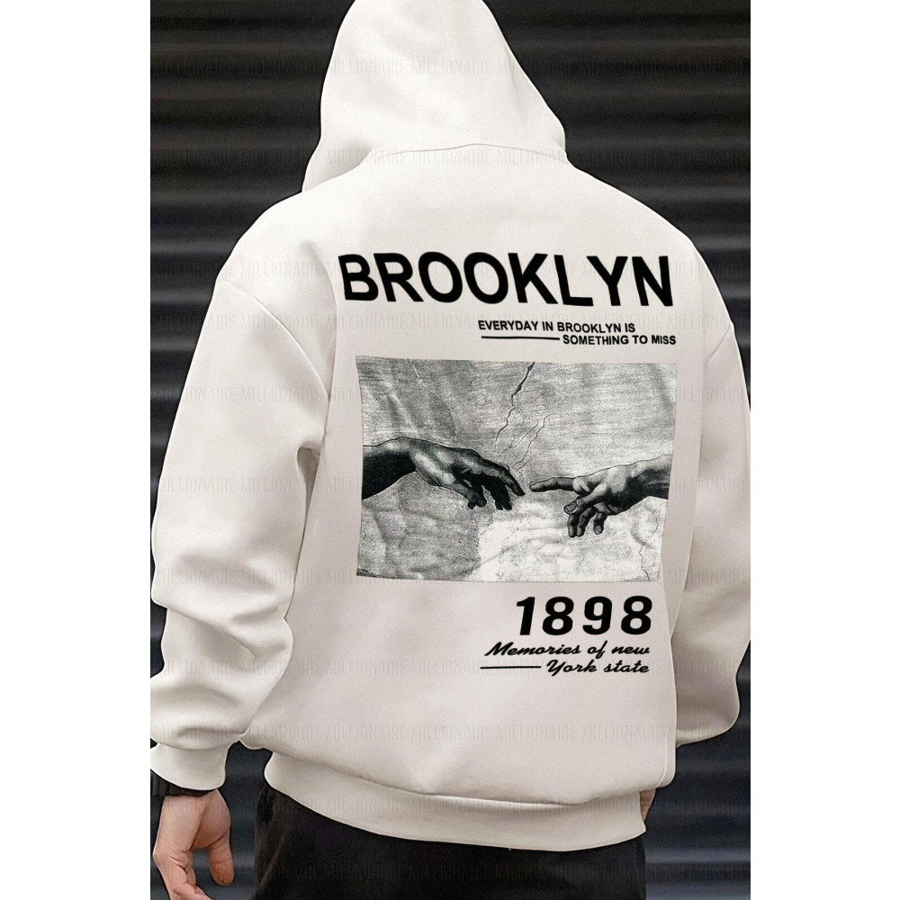 Millionaire Erkek Kırık Beyaz Krem Ekru 1898 Brooklyn Kapüşonlu Oversize 3 iplik Şardonlu Salaş Bol Kesim Hoodie XS-S Beden Bayan Sweatshirt Fiyatı