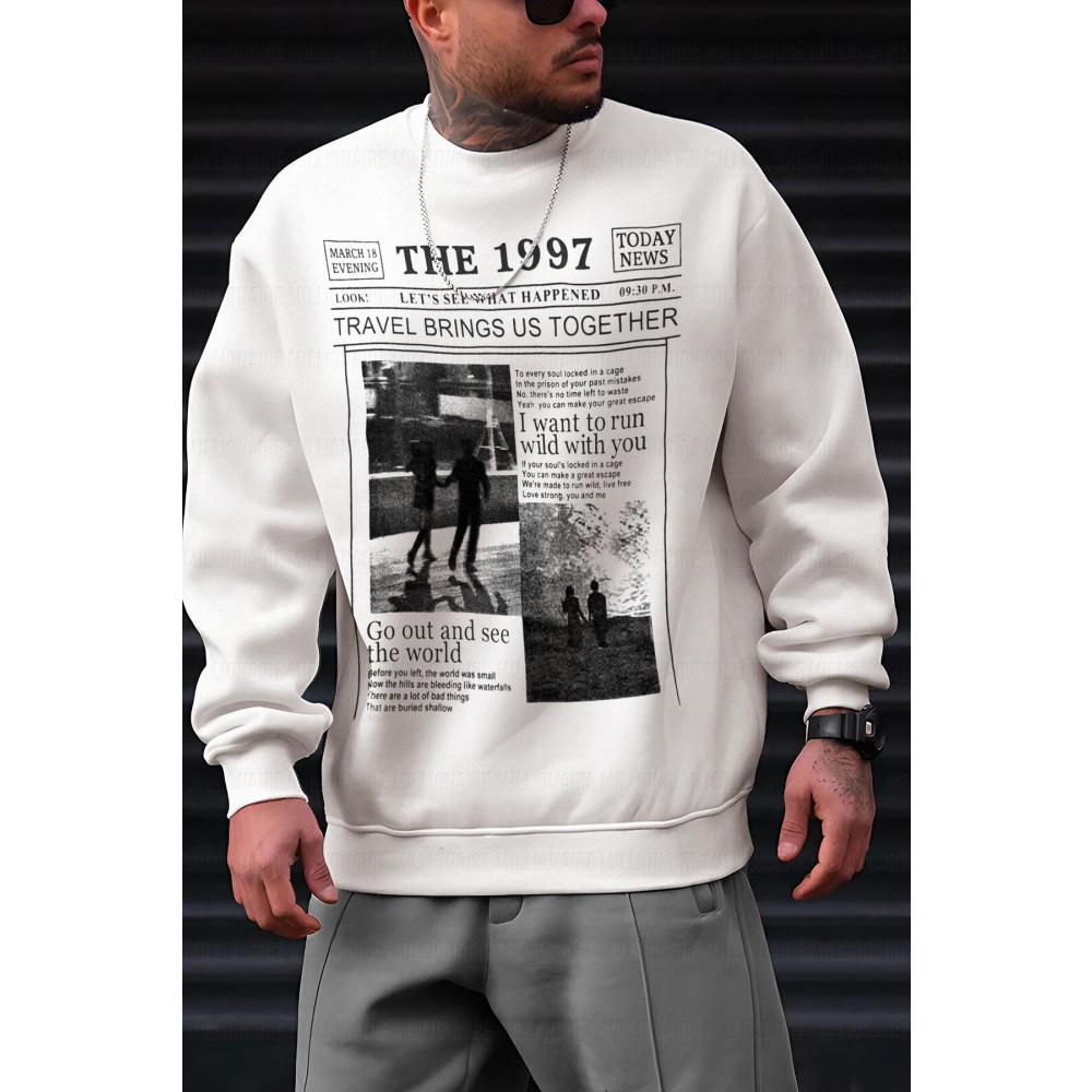 Millionaire Erkek Kırık Beyaz Krem Ekru 1997 Baskılı 0 Sıfır Yaka Oversize Salaş Bol Kesim Polar Sweatshirt M-L Beden Bayan Sweatshirt Fiyatı