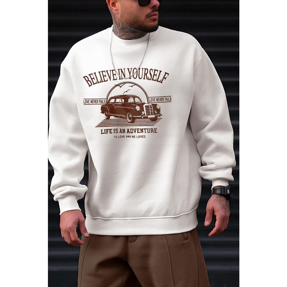 Millionaire Erkek Kırık Beyaz Krem Ekru Believe Baskılı 0 Sıfır Yaka Oversize Salaş Bol Kesim Polar Sweatshirt XL-XXL Beden Bayan Sweatshirt Fiyatı