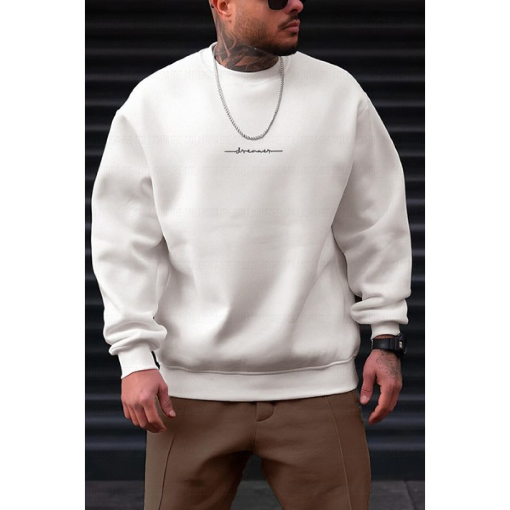 Millionaire Erkek Kırık Beyaz Krem Ekru Dreamer Baskılı 0 Sıfır Yaka Oversize Salaş Bol Kesim Polar Sweatshirt Erkek Sweatshirt Fiyatı
