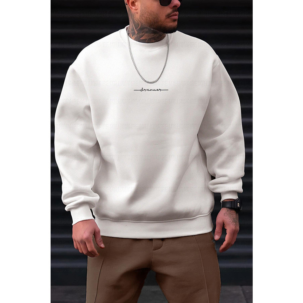 Millionaire Erkek Kırık Beyaz Krem Ekru Dreamer Baskılı 0 Sıfır Yaka Oversize Salaş Bol Kesim Polar Sweatshirt XS-S Beden Bayan Sweatshirt Fiyatı