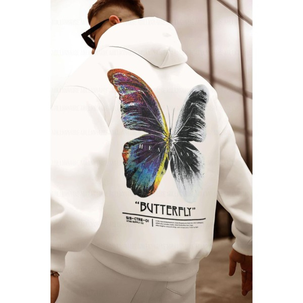 Millionaire Erkek Kırık Beyaz Krem Ekru Kelebek Baskılı 3 Iplik Şardonlu Kapüşonlu Kanguru Oversize Salaş Hoodie Sweatshirt Erkek Sweatshirt Fiyatı
