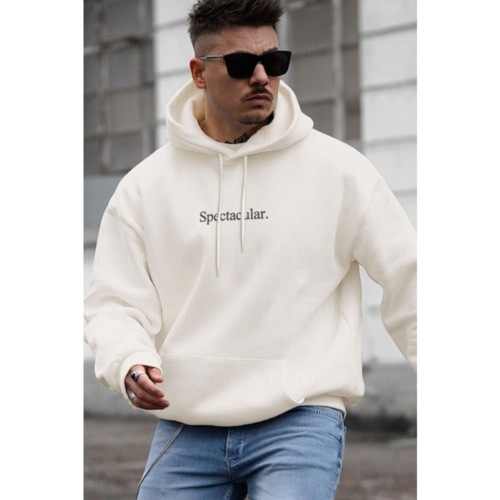 Millionaire Erkek Kırık Beyaz Krem Ekru Spectacular Baskılı 3 iplik Şardonlu Kapüşonlu Kanguru Cepli Oversize Sa XL-XXL Beden Bayan Sweatshirt Fiyatı