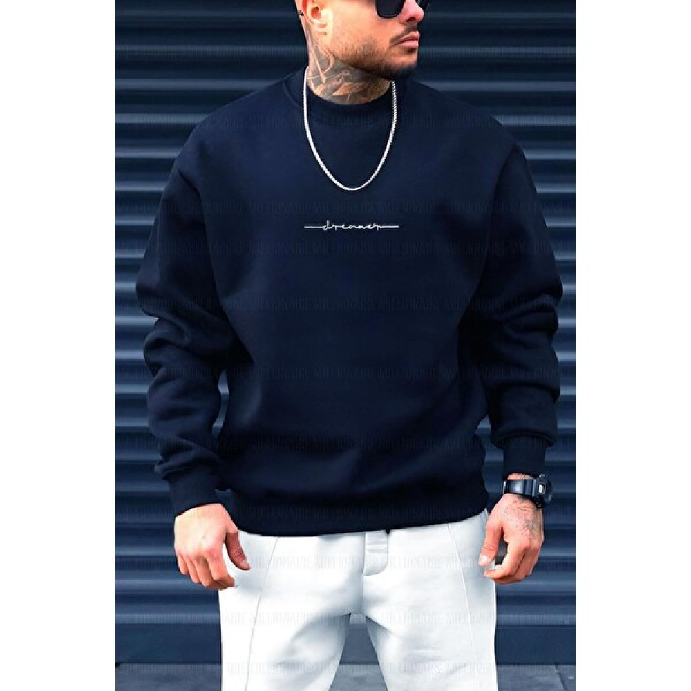 Millionaire Erkek Lacivert Dreamer Baskılı 0 Sıfır Yaka Oversize Salaş Bol Kesim Polar Sweatshirt Erkek Sweatshirt Fiyatı