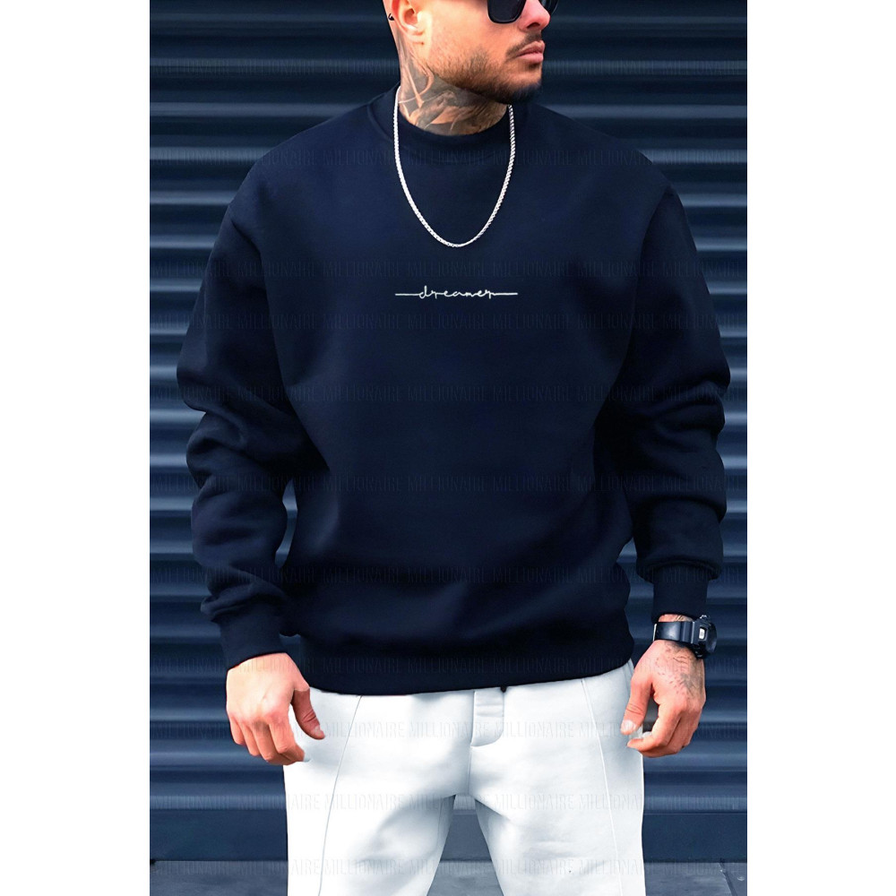 Millionaire Erkek Lacivert Dreamer Baskılı 0 Sıfır Yaka Oversize Salaş Bol Kesim Polar Sweatshirt XL-XXL Beden Bayan Sweatshirt Fiyatı