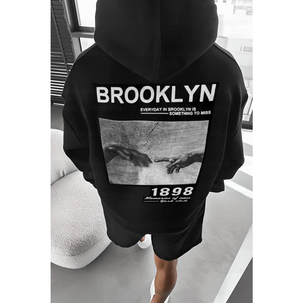 Millionaire Erkek Siyah 1898 Brooklyn Kapüşonlu Oversize 3 iplik Şardonlu Salaş Bol Kesim Hoodie Sweatshirt XS-S Beden Bayan Sweatshirt Fiyatı