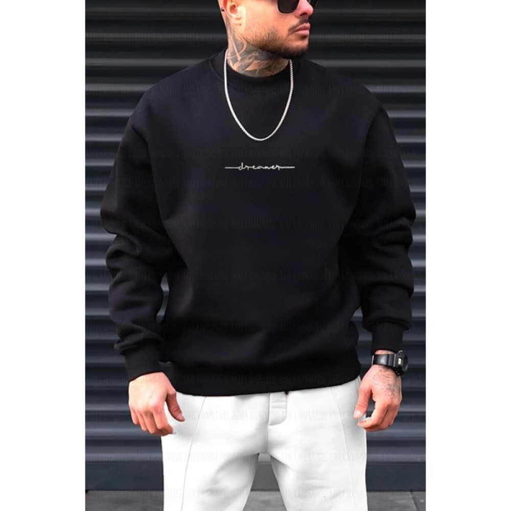Millionaire Erkek Siyah Dreamer Baskılı 0 Sıfır Yaka Oversize Salaş Bol Kesim Polar Sweatshirt Erkek Sweatshirt Fiyatı