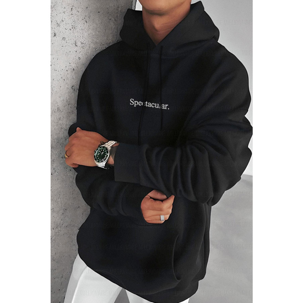 Millionaire Erkek Siyah Spectacular Baskılı 3 iplik Şardonlu Kapüşonlu Kanguru Cepli Oversize Salaş Hoodie Sweat M-L Beden Bayan Sweatshirt Fiyatı