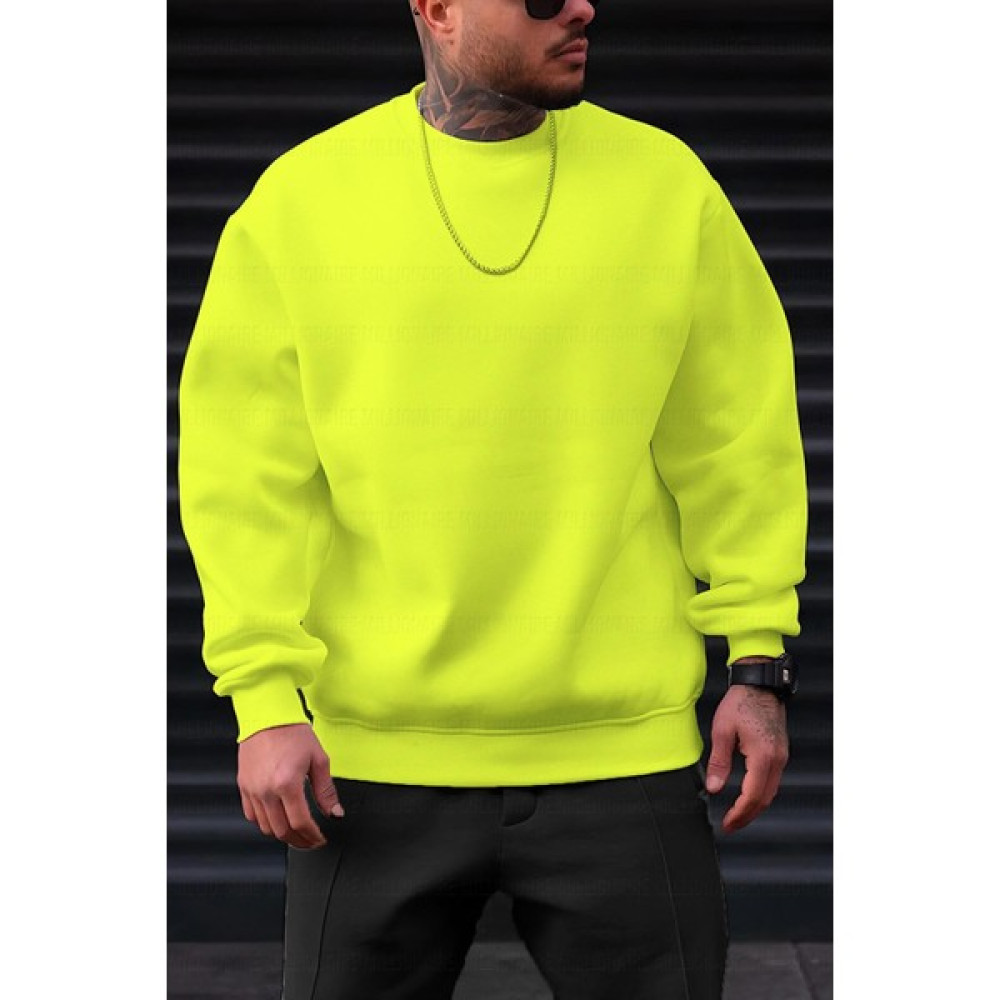 Millionaire Erkek Soft Yumuşacık Kalın 3 Iplik Içi Şardonlu Kumaş Neon Parlak Floresan Sarı Bisiklet Yaka Düz Basic Sweatshirt Erkek Sweatshirt Fiyatı