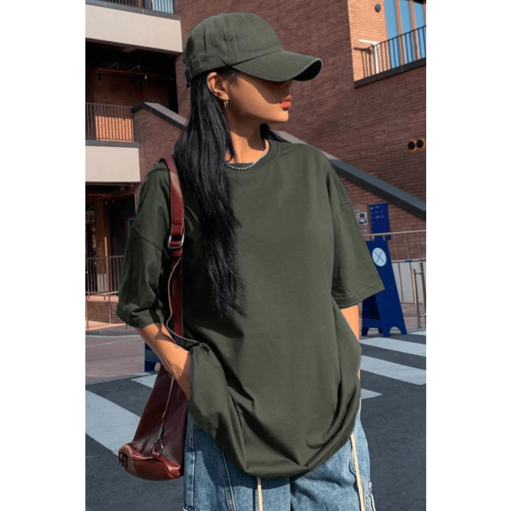 Millionaire Haki Basic Düz Baskısız Oversize Salas Boyfriend Kadın T-shirt L Beden Bayan T-shirt Fiyatı