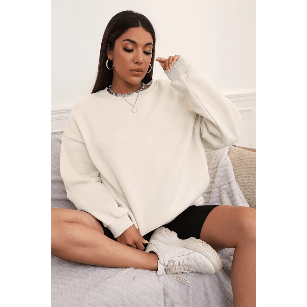 Millionaire Kadın Kırık Beyaz Basic 0 Sıfır Yaka Baskısız Düz Oversize Salaş Bol Kesim Polar Sweatshirt XL/XXL Beden Bayan Sweatshirt Fiyatı