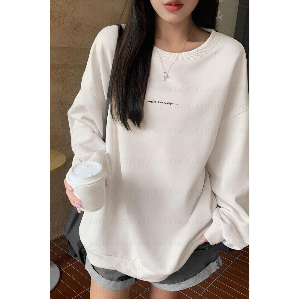 Millionaire Kadın Kırık Beyaz Krem Ekru Dreamer Baskılı 0 Sıfır Yaka Oversize Salaş Bol Kesim Polar Sweatshirt M-L Beden Bayan Sweatshirt Fiyatı