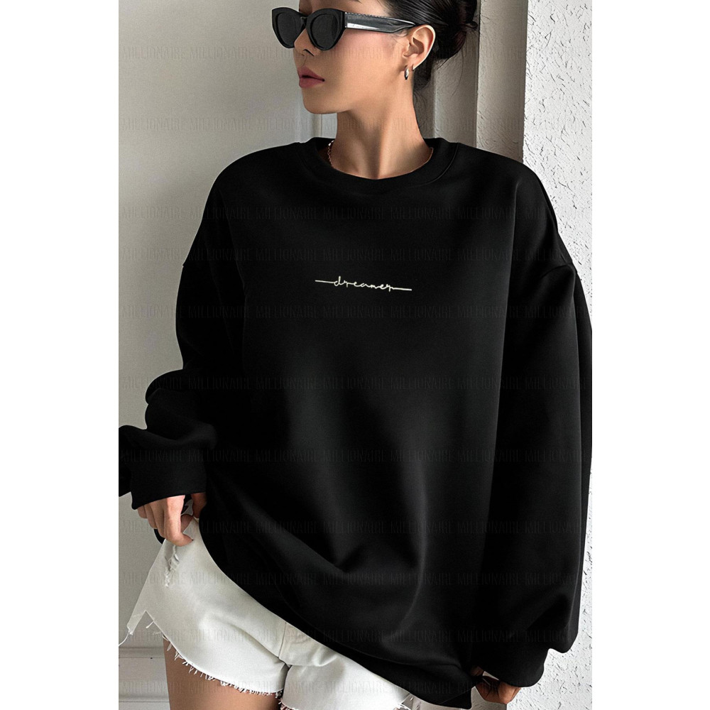 Millionaire Kadın Siyah Dreamer Baskılı 0 Sıfır Yaka Oversize Salaş Bol Kesim Polar Sweatshirt XL-XXL Beden Bayan Sweatshirt Fiyatı