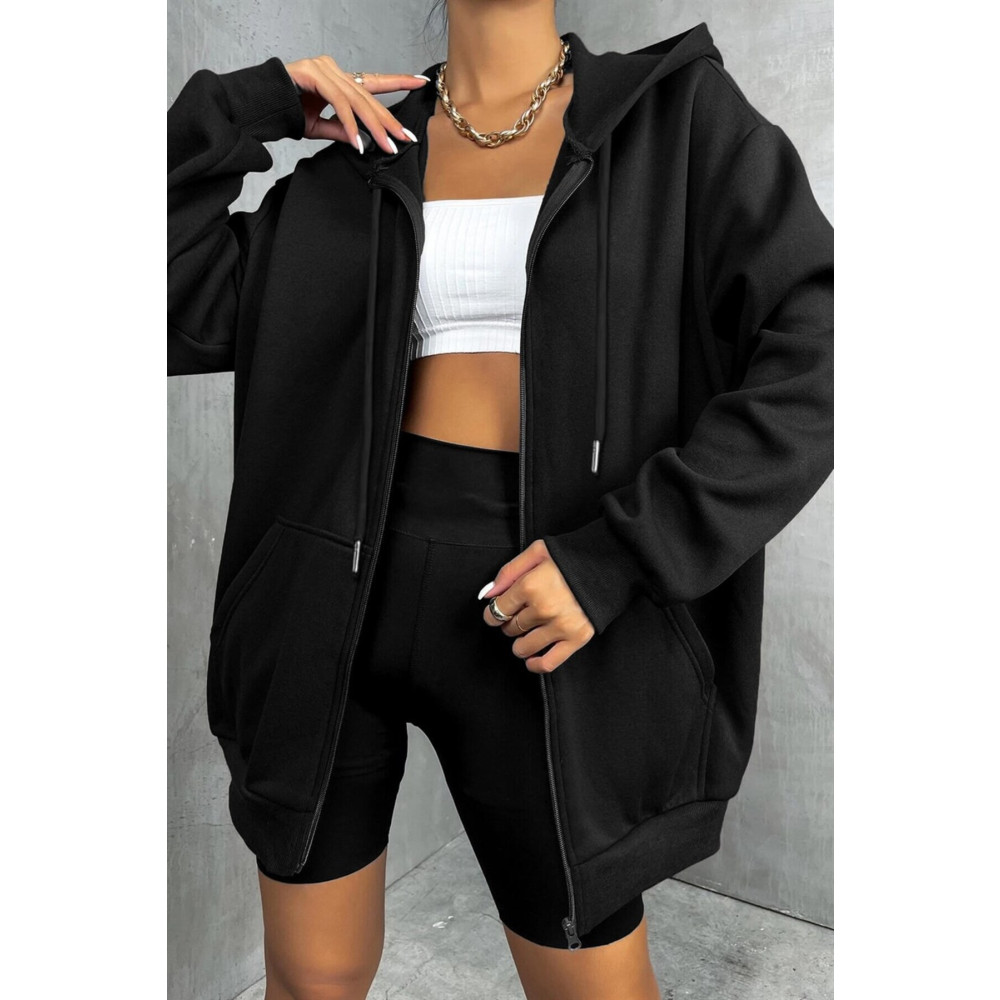 Millionaire Kadin Siyah Kapüşonlu Fermuarlı 3 Üç Iplik Polar Kanguru Oversize Salaş Sweatshirt Zip Up Hoodie XS-S Beden Bayan Sweatshirt Fiyatı
