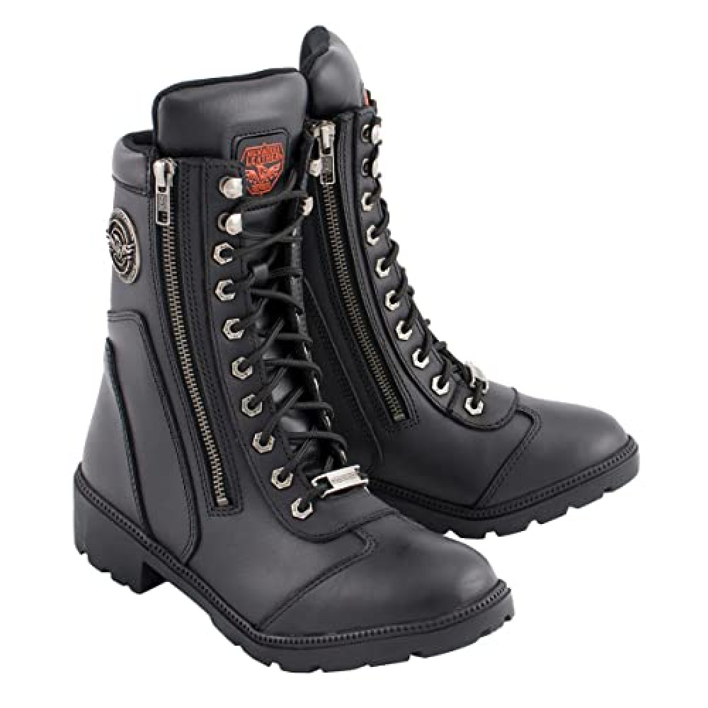 Milwaukee Leather MBL9301 Women's Black Leather Lace-Up Motorcycle Biker Riding Boots with Side Zipper Entry - 7.5