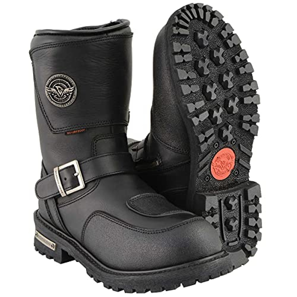 Milwaukee Leather Men's Black Wide Width 9-inch Waterproof Engineer Leather Biker Boots with Reflective Piping MBM9071WP - 13W