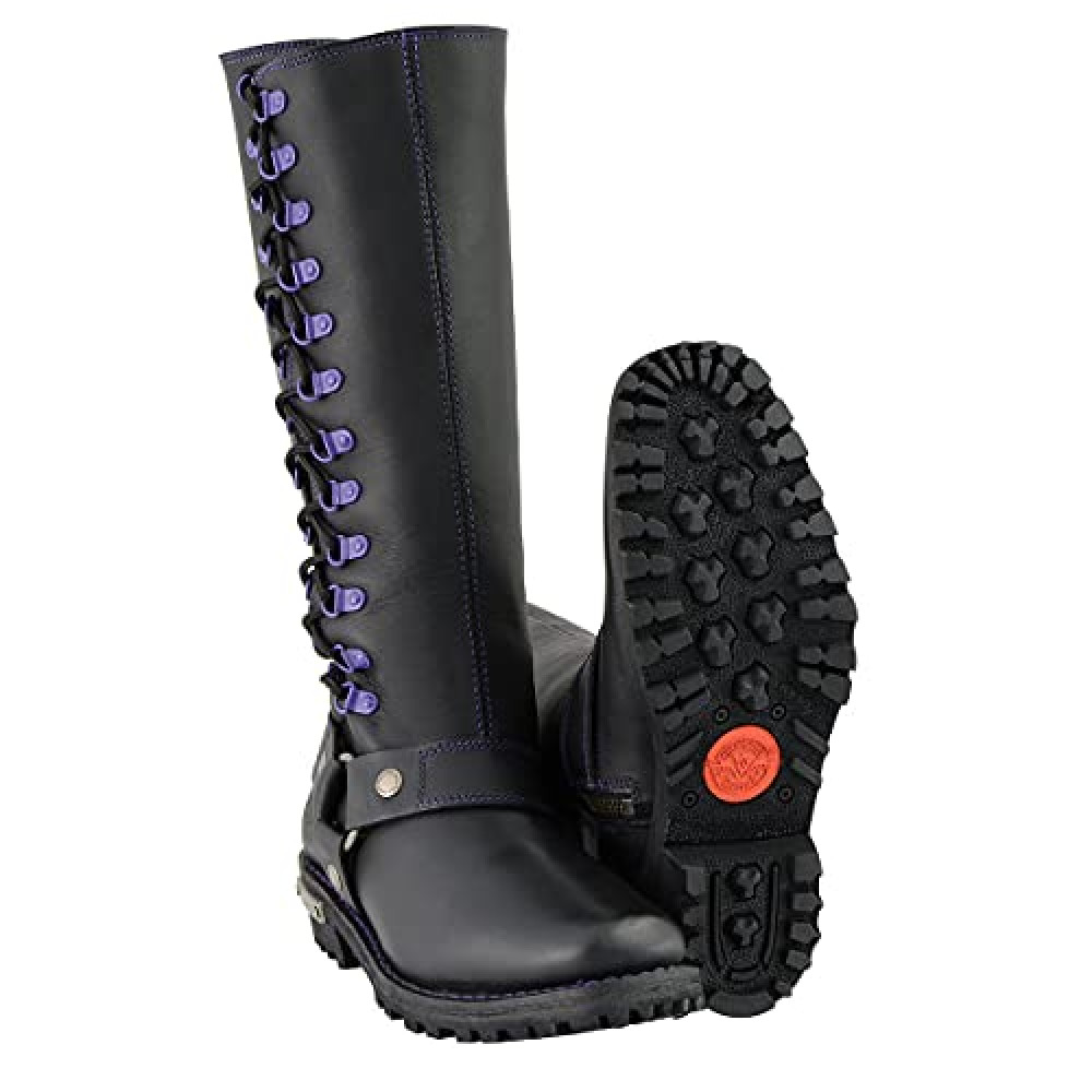 Milwaukee Leather Women's Black 14-inch Leather Harness Motorcycle Boots with Purple Accent Lacing MBL9366-9