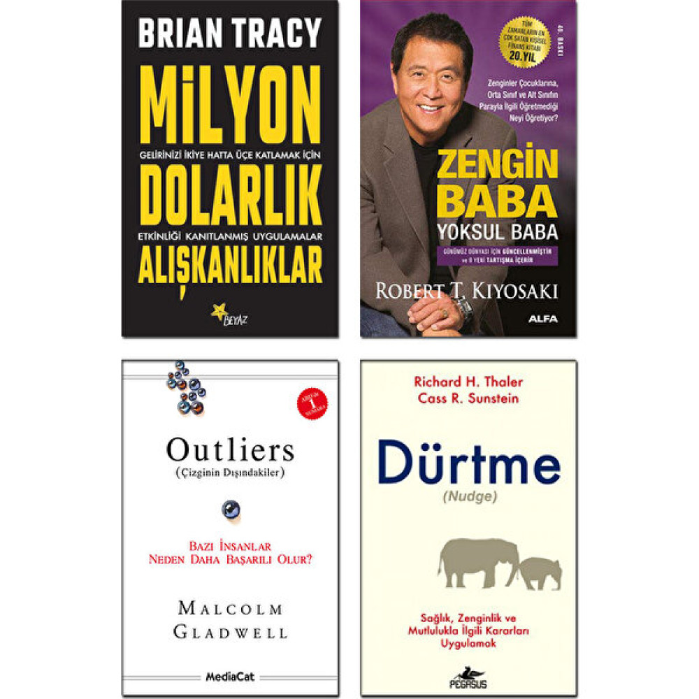 Milyon Dolarlık Alışkanlıklar / Brian Tracy + Zengin Baba Yoksul Baba / Robert T. Kiyosaki + Outliers / Malcolm Gladwell + Dürtme (Nudge) / Richard... Ekonomi Pazarlama Kitapları Fiyatı