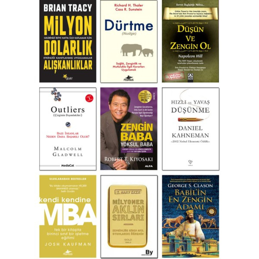 Milyon Dolarlık Alışkanlıklar + Dürtme + Düşün ve Zengin Ol + Outliers + Zengin Baba + Hızlı ve Yavaş Düşünme + Mba + Milyoner Aklın Sırları + Babi... Ekonomi Pazarlama Kitapları Fiyatı